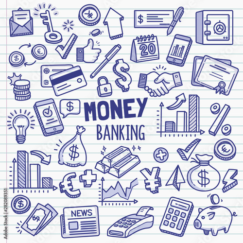Money and Banking Design elements. Vector Doodle Illustration Set in Ballpoint Pen Style.