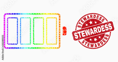 Dot spectral electric battery mosaic pictogram and Stewardess seal stamp. Red vector round textured stamp with Stewardess title. Vector composition in flat style.