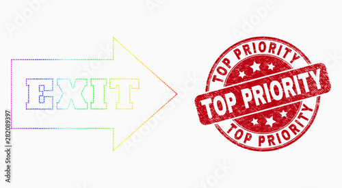 Dot spectral exit arrow mosaic icon and Top Priority stamp. Red vector round scratched seal stamp with Top Priority phrase. Vector composition in flat style.