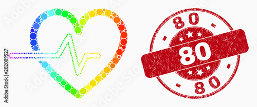 Dot spectral heart pulse mosaic pictogram and 80 seal stamp. Red vector rounded grunge stamp with 80 text. Vector combination in flat style.