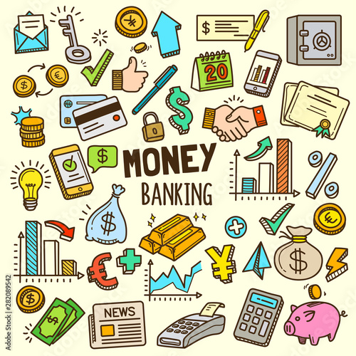 Money and Banking Design elements. Colorful Vector Doodle Cartoon Illustration Set.