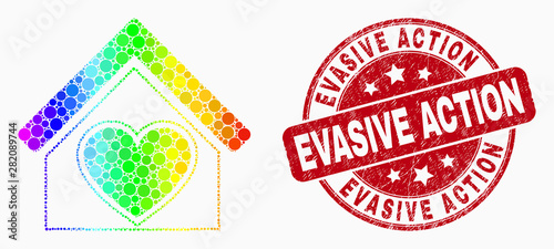 Dot spectral love house mosaic pictogram and Evasive Action seal stamp. Red vector round grunge seal with Evasive Action caption. Vector collage in flat style.