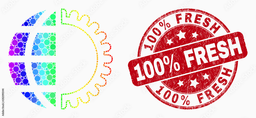 Dot spectrum global service mosaic pictogram and 100% Fresh seal stamp. Red vector round scratched watermark with 100% Fresh text. Vector composition in flat style. Dot spectrum global service mosaic pictogram and 100% Fresh seal stamp. Red vector round scratched watermark with 100% Fresh text. Vector composition in flat style.