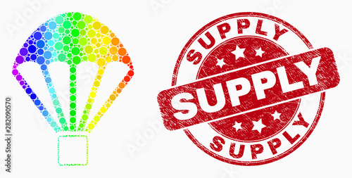 Dot spectrum parachute mosaic icon and Supply seal stamp. Red vector round textured seal stamp with Supply phrase. Vector collage in flat style. Spectrum gradiented parachute mosaic of random dots,