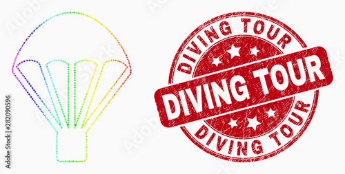 Dot spectrum parachute mosaic pictogram and Diving Tour stamp. Red vector rounded grunge seal with Diving Tour message. Vector collage in flat style.
