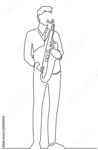Continuous line drawing of musician plays saxophone vector illustration isolated on white.