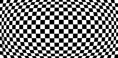 Magnifier or fish eye distortion effects on checkered pattern, monochrome black and white EPS10 vector background.