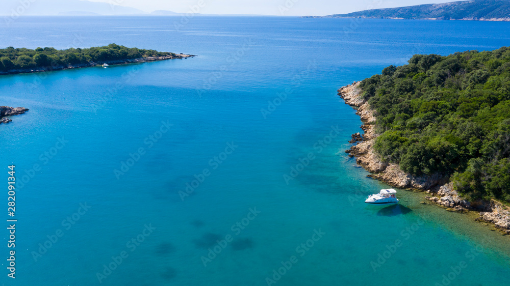aerial view in croatia, coast, boat and adriatic sea