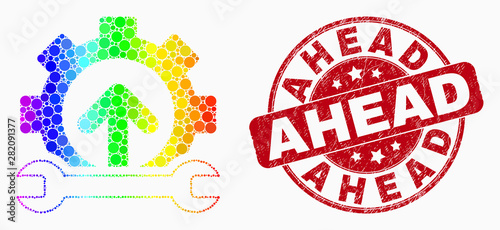 Dotted bright spectral forward gear repair mosaic pictogram and Ahead stamp. Red vector rounded grunge stamp with Ahead phrase. Vector composition in flat style.