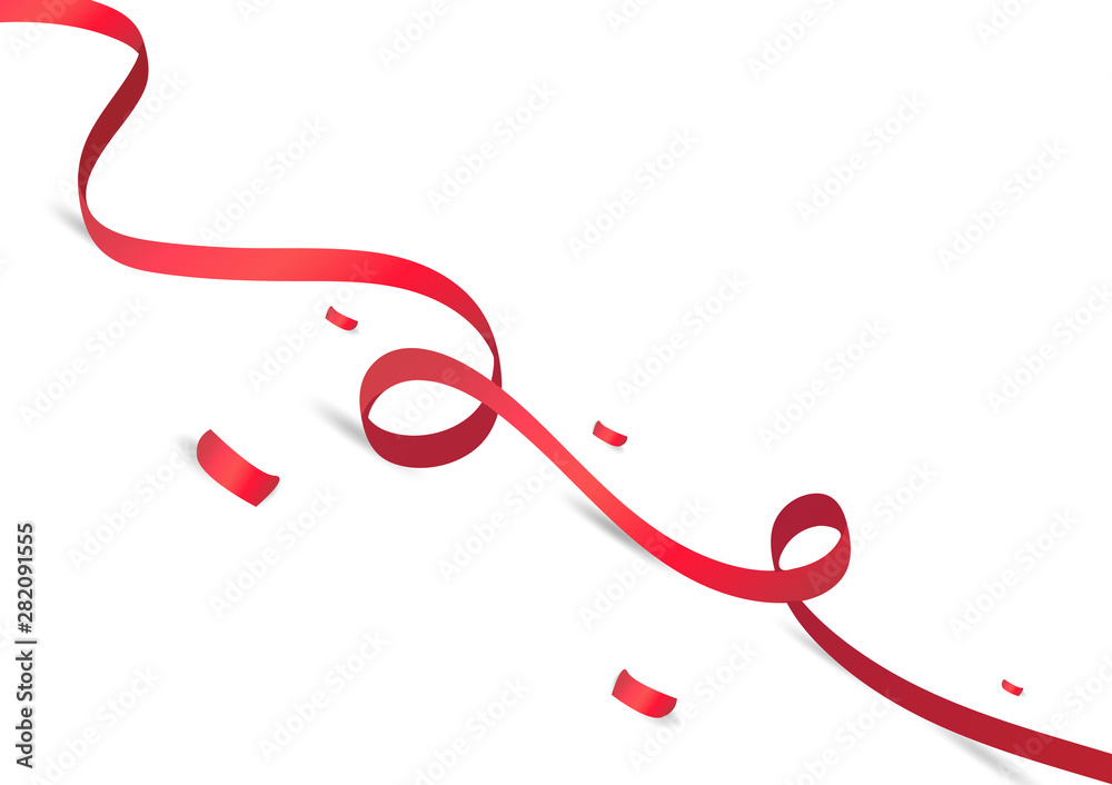 Red ribbons with confetti paper slope floor on white background, celebration vector Red ribbons with confetti paper slope floor on white background, celebration vector