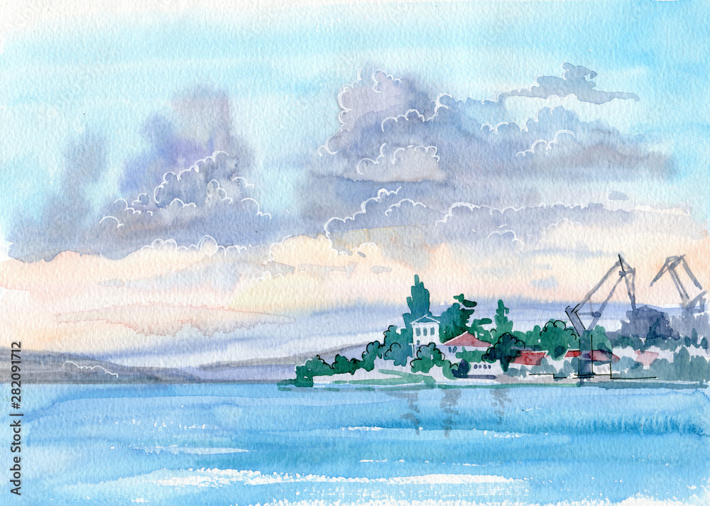 Beautiful watercolor landscape. View of the sea, green shore and port. Sevastopol, Crimea.
