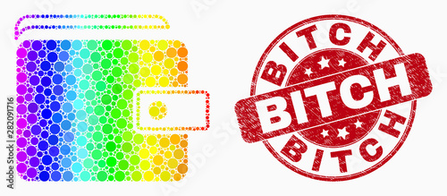 Dotted bright spectral purse mosaic pictogram and Bitch seal stamp. Red vector round scratched stamp with Bitch caption. Vector collage in flat style.