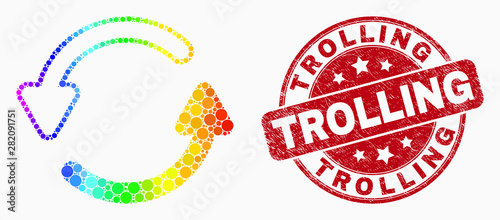 Dotted bright spectral refresh arrows mosaic icon and Trolling seal stamp. Red vector rounded scratched seal stamp with Trolling text. Vector composition in flat style.