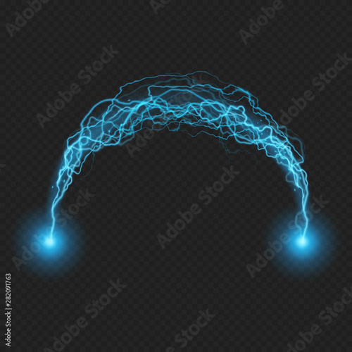 Lightning flash discharge of electricity on transparent background. Blue electrical visual effect. EPS 10