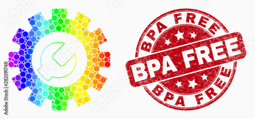 Dotted bright spectral setup tools mosaic icon and Bpa Free seal stamp. Red vector rounded grunge stamp with Bpa Free message. Vector collage in flat style.
