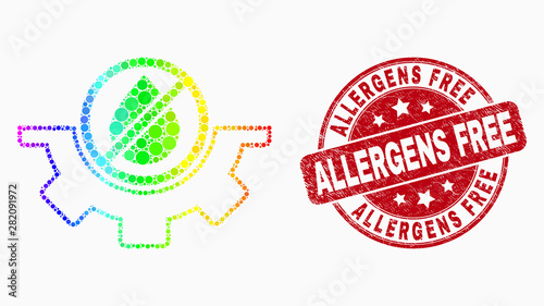 Dotted bright spectral water service mosaic icon and Allergens Free stamp. Red vector round distress stamp with Allergens Free title. Vector collage in flat style.