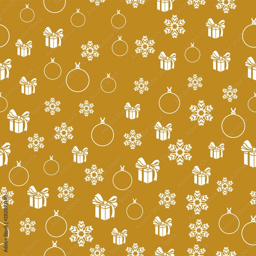 Elegant Christmas Gold Background with White Snowflakes. Vector illustration. Wrapping paper. Seamless graphic pattern