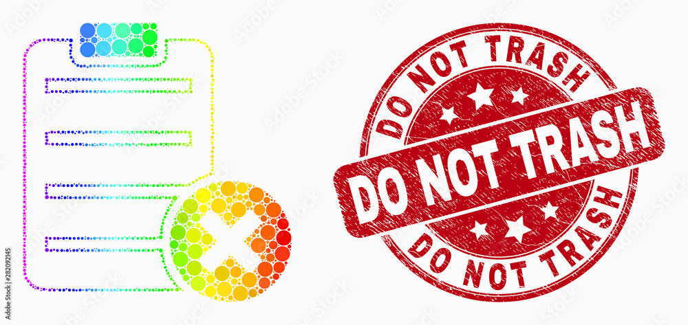 Dotted rainbow gradiented delete report page mosaic icon and Do Not Trash seal stamp. Red vector round distress stamp with Do Not Trash title. Vector combination in flat style.