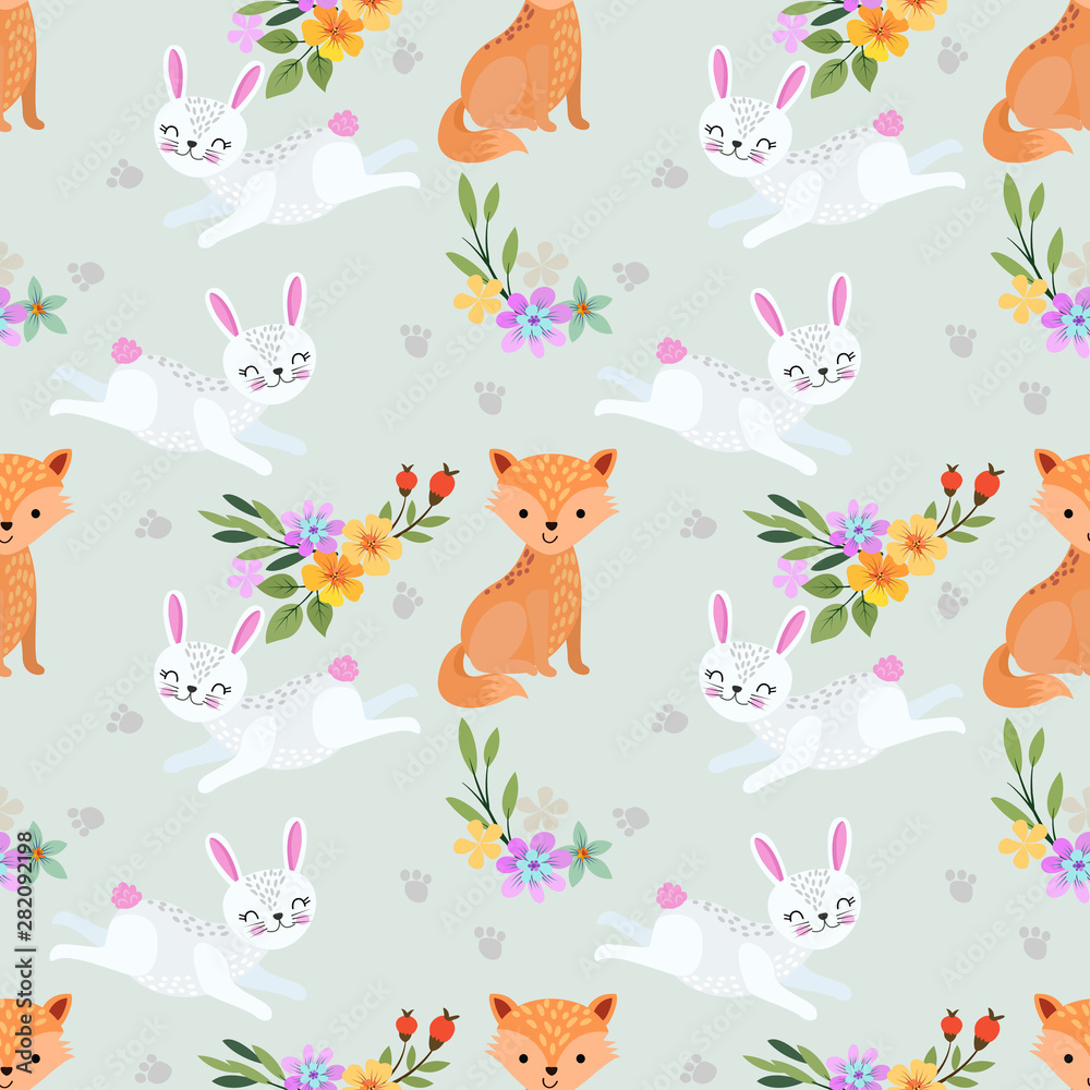 Foxes and rabbits seamless pattern.