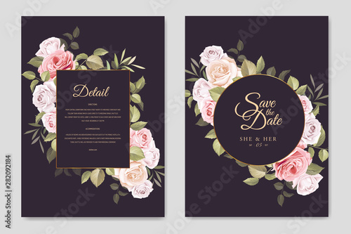 wedding invitation card with beautiful floral and leaves template