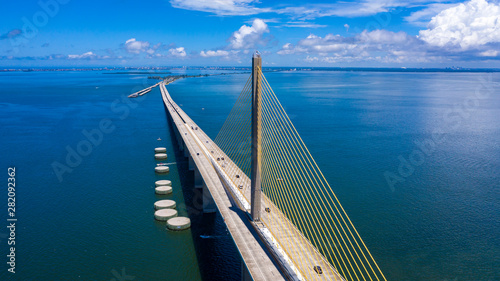 Sunshine Skyway bridge drone view looking north towards Pinellas county