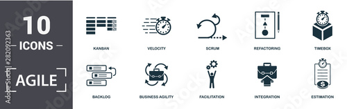 Agile icon set. Contain filled flat Backlog ,Business Agility ,Estimation ,Facilitation ,Integration ,Kanban ,Refactoring ,Scrum ,Timebox ,Velocity icons. Editable format