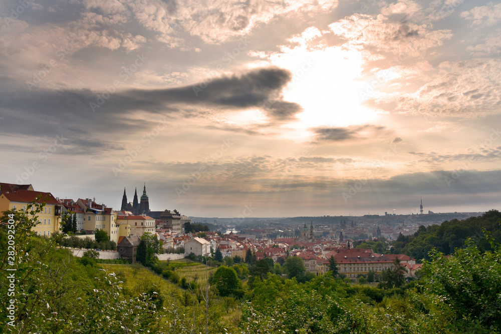Prague Castle panorama stock images. Sunrise over Prague stock images. Ancient architecture in Prague. Prague old town. View of the Hradcany. Parks and open spaces in Prague