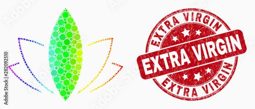 Dotted rainbow gradiented lotus mosaic icon and Extra Virgin seal stamp. Red vector rounded grunge stamp with Extra Virgin text. Vector collage in flat style.