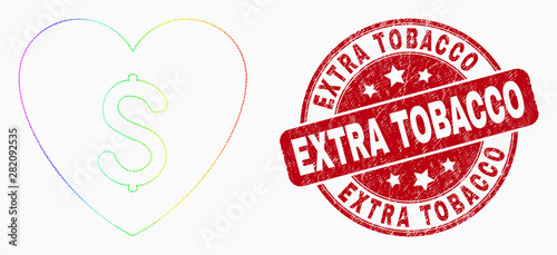 Dotted rainbow gradiented love price mosaic pictogram and Extra Tobacco stamp. Red vector rounded distress stamp with Extra Tobacco message. Vector composition in flat style.