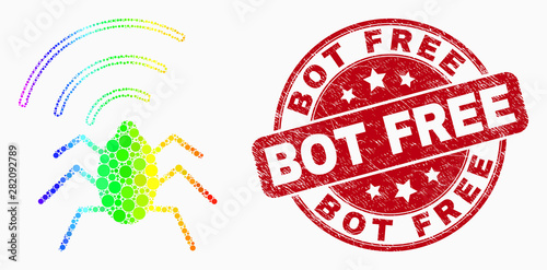 Dotted rainbow gradiented radio bug mosaic icon and Bot Free watermark. Red vector rounded scratched watermark with Bot Free phrase. Vector composition in flat style.