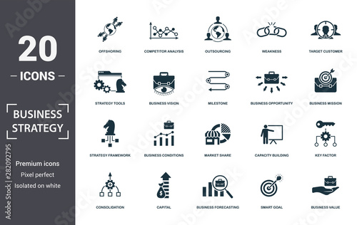 Business Strategy icon set. Contain filled flat business vision, business value, brand strategy, business conditions, competitive strategy, market share, strategy tools icons. Editable format