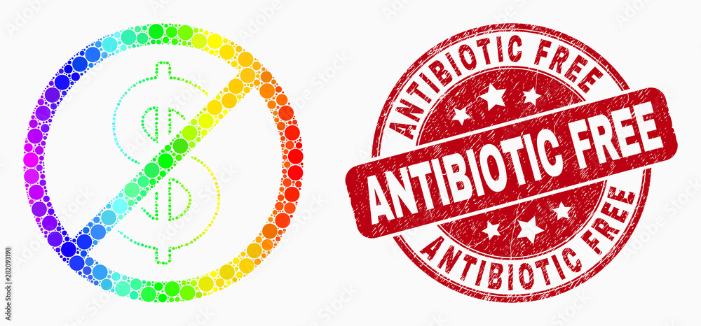 Dotted rainbow gradiented stop dollar mosaic pictogram and Antibiotic Free watermark. Red vector rounded grunge watermark with Antibiotic Free text. Vector collage in flat style. Dotted rainbow gradiented stop dollar mosaic pictogram and Antibiotic Free watermark. Red vector rounded grunge watermark with Antibiotic Free text. Vector collage in flat style.