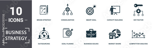 Business Strategy icon set. Contain filled flat business solves, brand strategy, competitive strategy, goal planing, competitor analysis, consolidation icons. Editable format