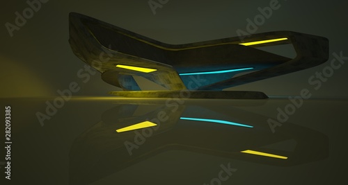 Abstract architectural concrete smooth interior of a minimalist house with color gradient neon lighting. 3D illustration and rendering.