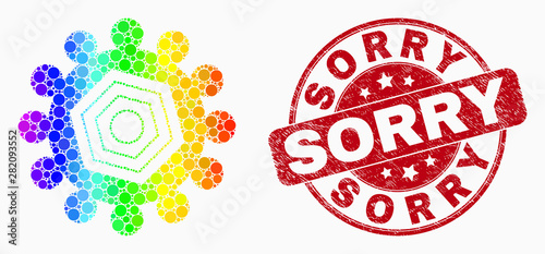 Dotted spectral gear mosaic icon and Sorry seal. Red vector rounded textured seal stamp with Sorry title. Vector combination in flat style. Spectrum gradient gear mosaic of random circles,