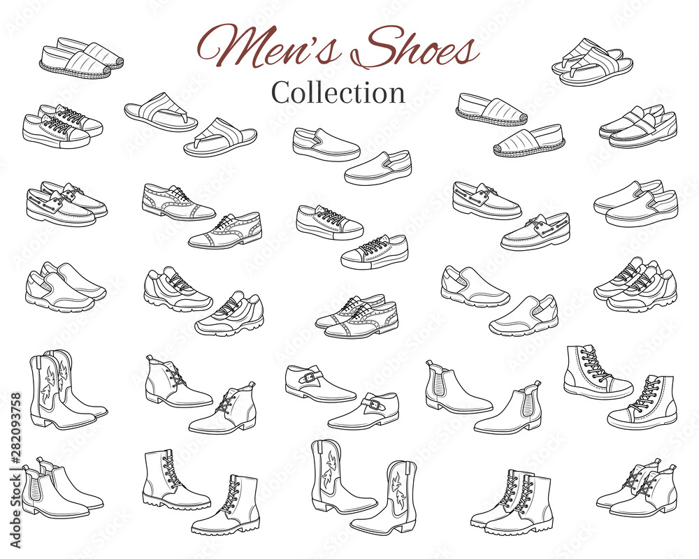 Men's shoes collection. Various types of male shoes casual boots, sneakers, formal shoes, vector sketch illustration, isolated on white background. - obrazy, fototapety, plakaty 