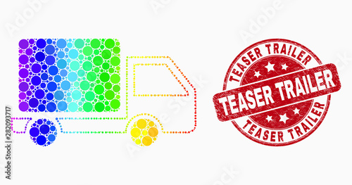 Dotted spectral lorry mosaic icon and Teaser Trailer seal stamp. Red vector round scratched stamp with Teaser Trailer phrase. Vector collage in flat style.