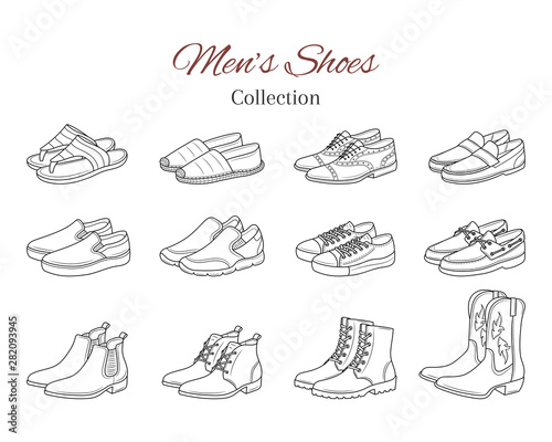 Men's shoes collection. Various types of male shoes casual boots, sneakers, formal shoes, vector sketch illustration, isolated on white background.