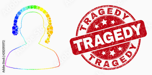 Dotted spectral radio operator mosaic icon and Tragedy seal stamp. Red vector round grunge seal stamp with Tragedy text. Vector collage in flat style.