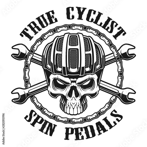 Black and white vector illustration of skull in cyclist helm