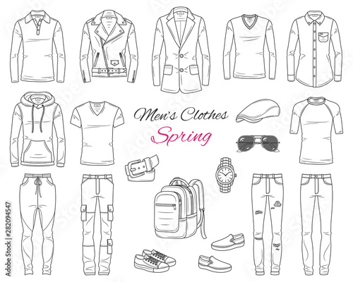 Men's Fashion set, clothes and accessories, spring outfit: coats, jackets, jeans pants, shirts, sportswear, sunglasses and backpack, vector sketch illustration, isolated on white background.