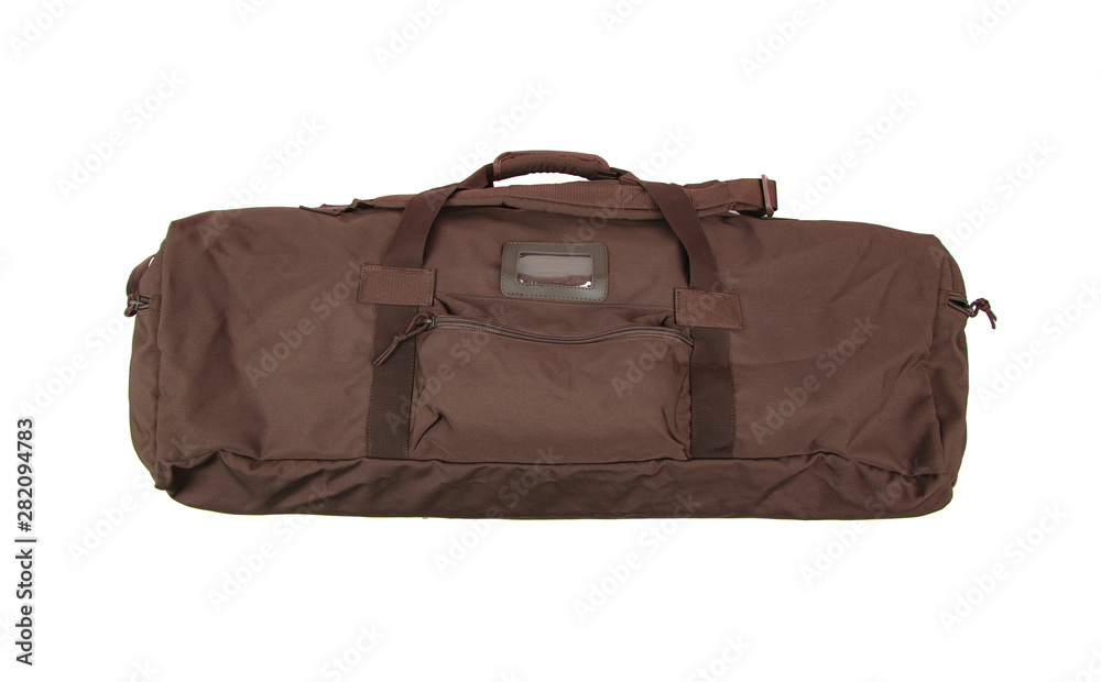 Brown sport bag isolated on white background. Travel bag. Military bag, military backpack isolated on white back. Brown sport bag isolated on white background. Travel bag. Military bag, military backpack isolated on white back.