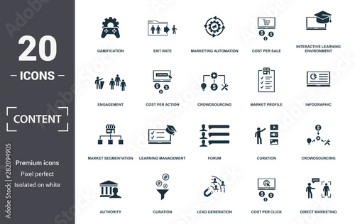 Content icon set. Contain filled flat cms, content plan, content creator, viral content, viral marketing, media plan, social content icons. Editable format