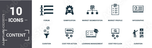 Content icon set. Contain filled flat cms, strategy, digital content, viral content, media plan, viral video, click-through rate, content marketing icons. Editable format