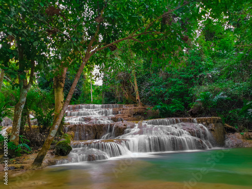 soft water of the stream in the natural park  Beautiful waterfall in rain forest   Maekae Waterfall  Thailand 