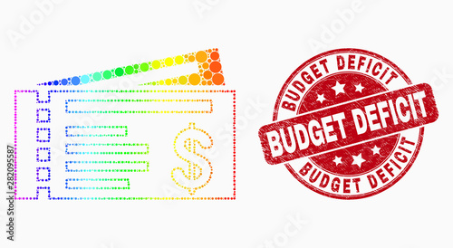 Pixel bright spectral dollar cheques mosaic pictogram and Budget Deficit seal. Red vector rounded distress watermark with Budget Deficit message. Vector collage in flat style.