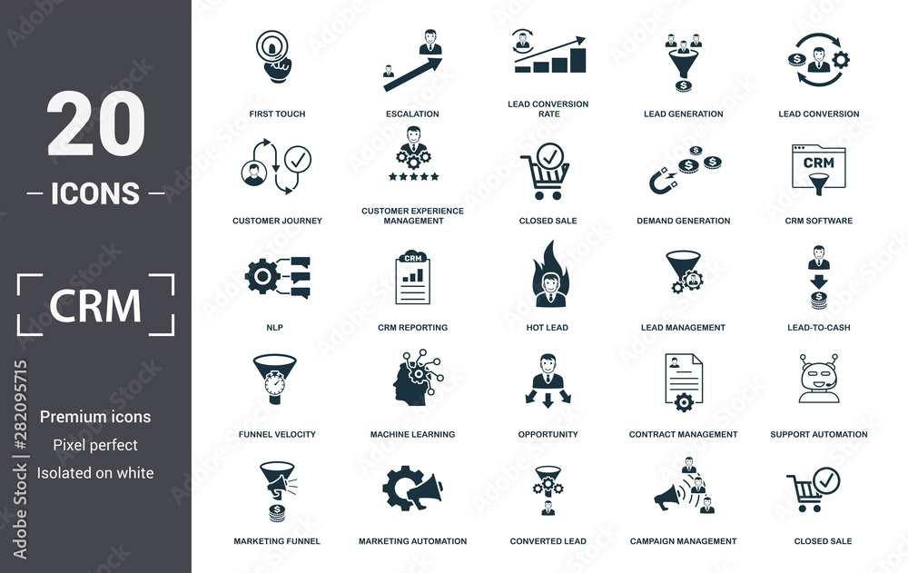 Crm icon set. Contain filled flat campaign management, closed sale, converted lead, crm software, customer journey, demand generation, first touch icons. Editable format