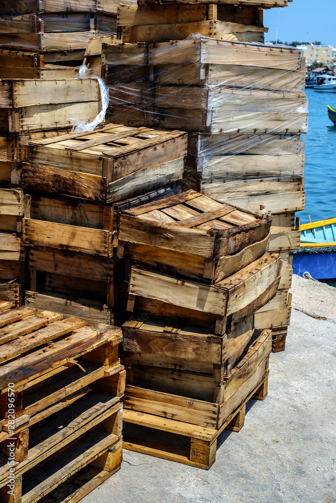 pile of empty fruit wooden boxes pile of empty fruit wooden boxes