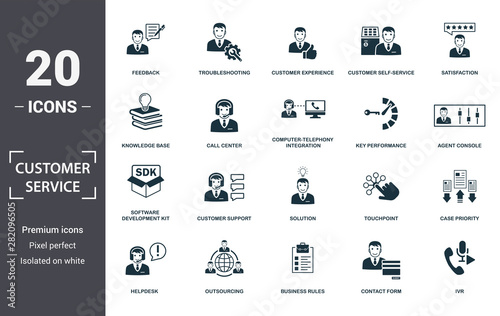 Customer Service icon set. Contain filled flat agent console, case priority, customer experience, customer self-service, helpdesk, knowledge base, software development kit icons. Editable format