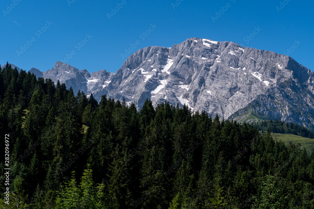 Scenic mountain view at Rossfeld Panorama Strasse Alpine pass road in Berchtesgaden National Park in Bavaria, Germany Europe in the summer of 2019